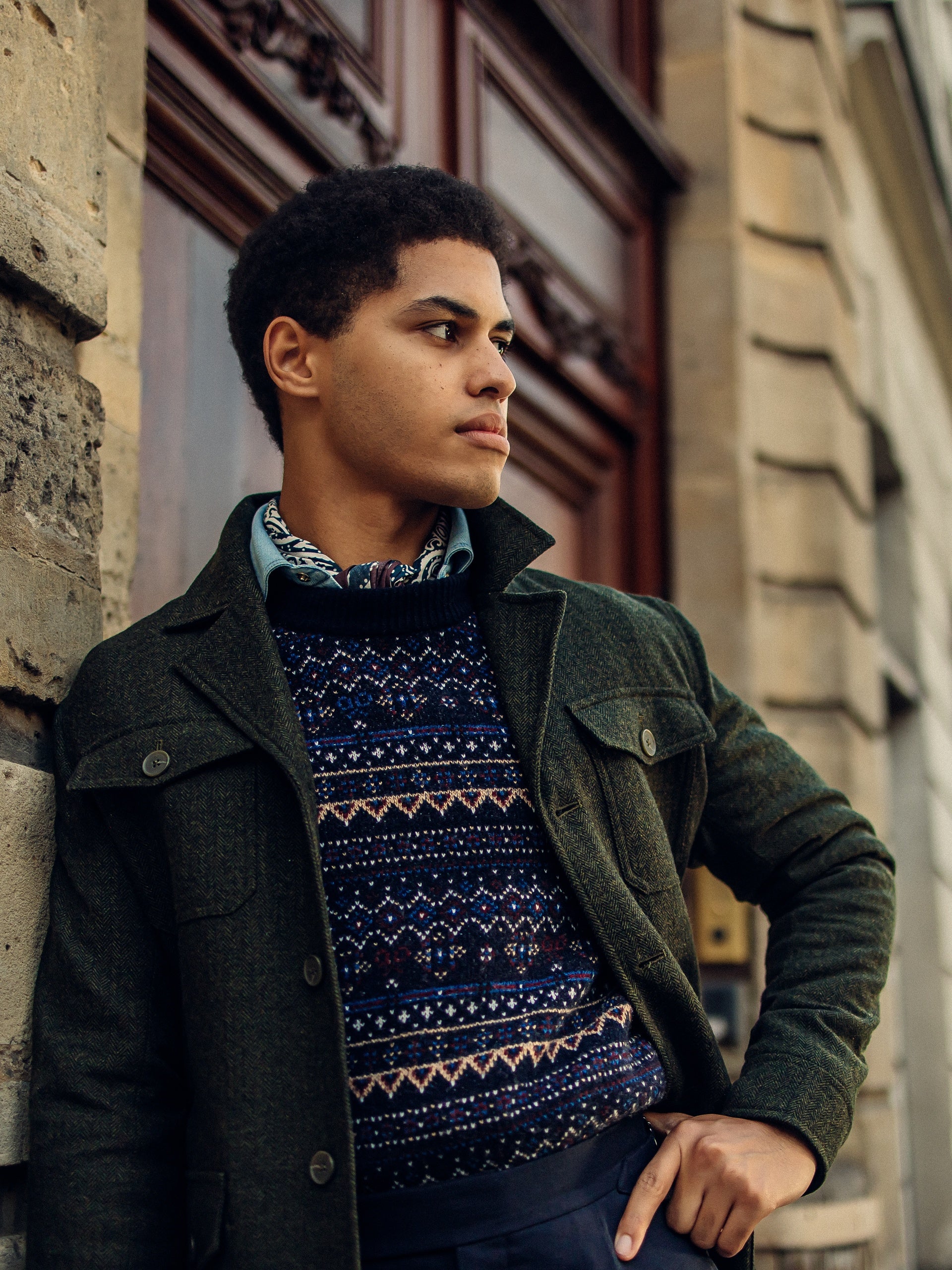 Unique navy blue jacquard sweater