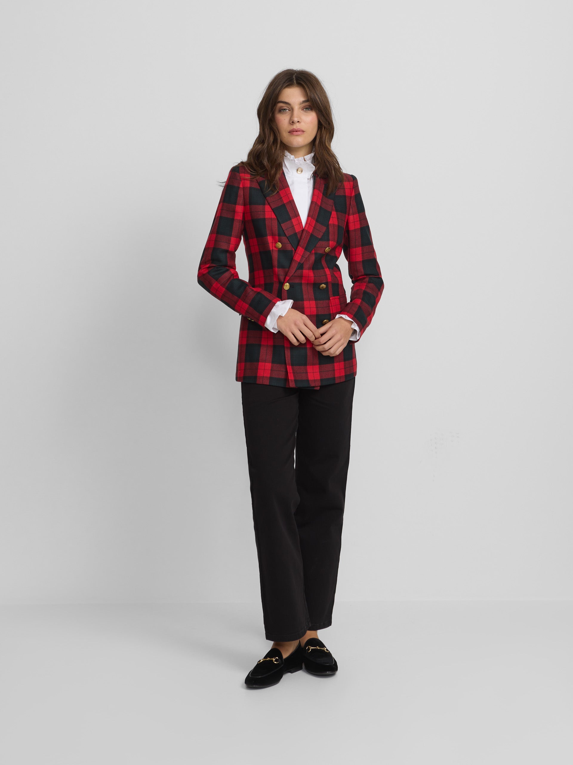 Blazer cruzado aos quadrados clássicos em bordô