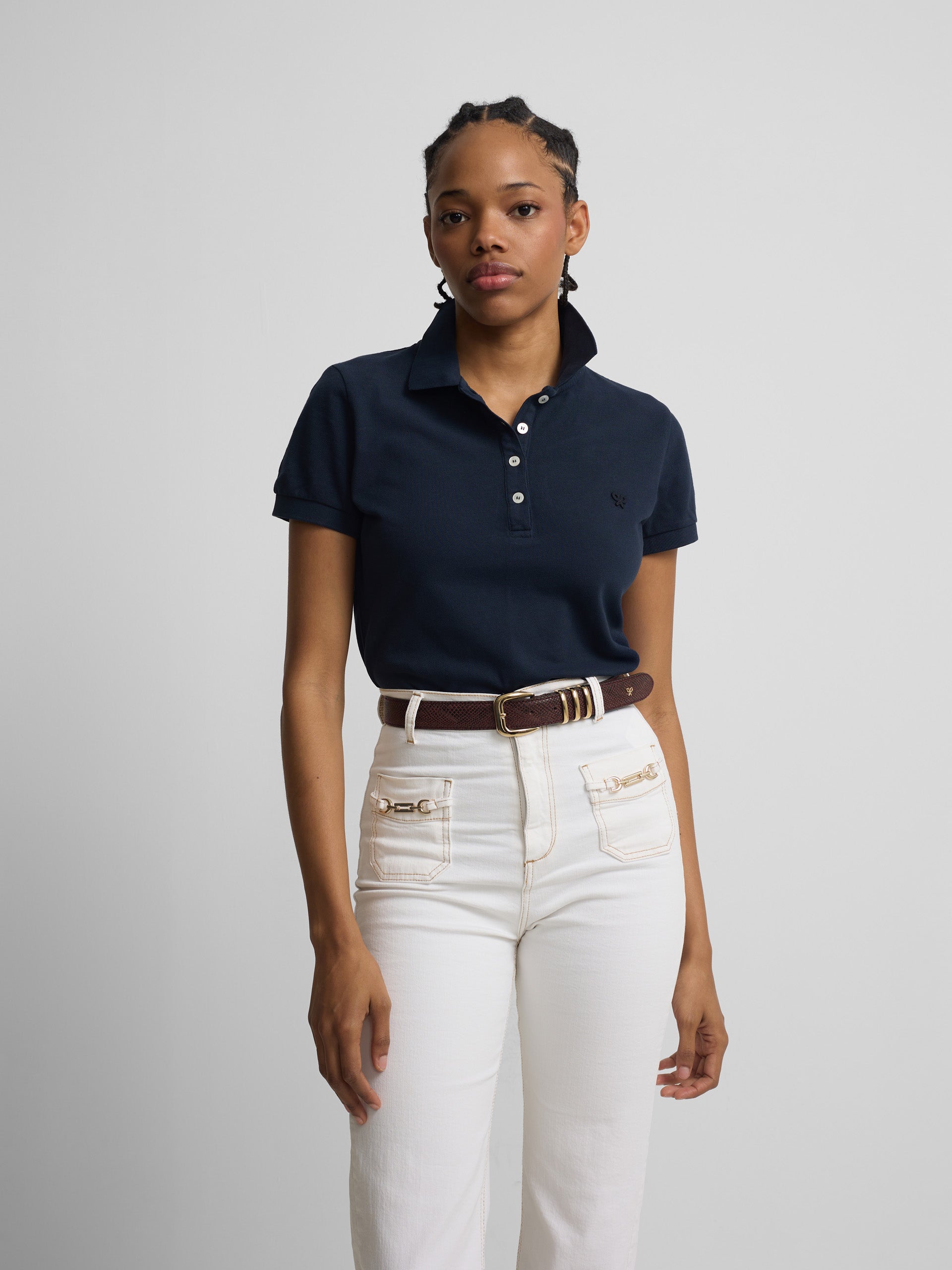 Polo clássico de mulher azul-marinho