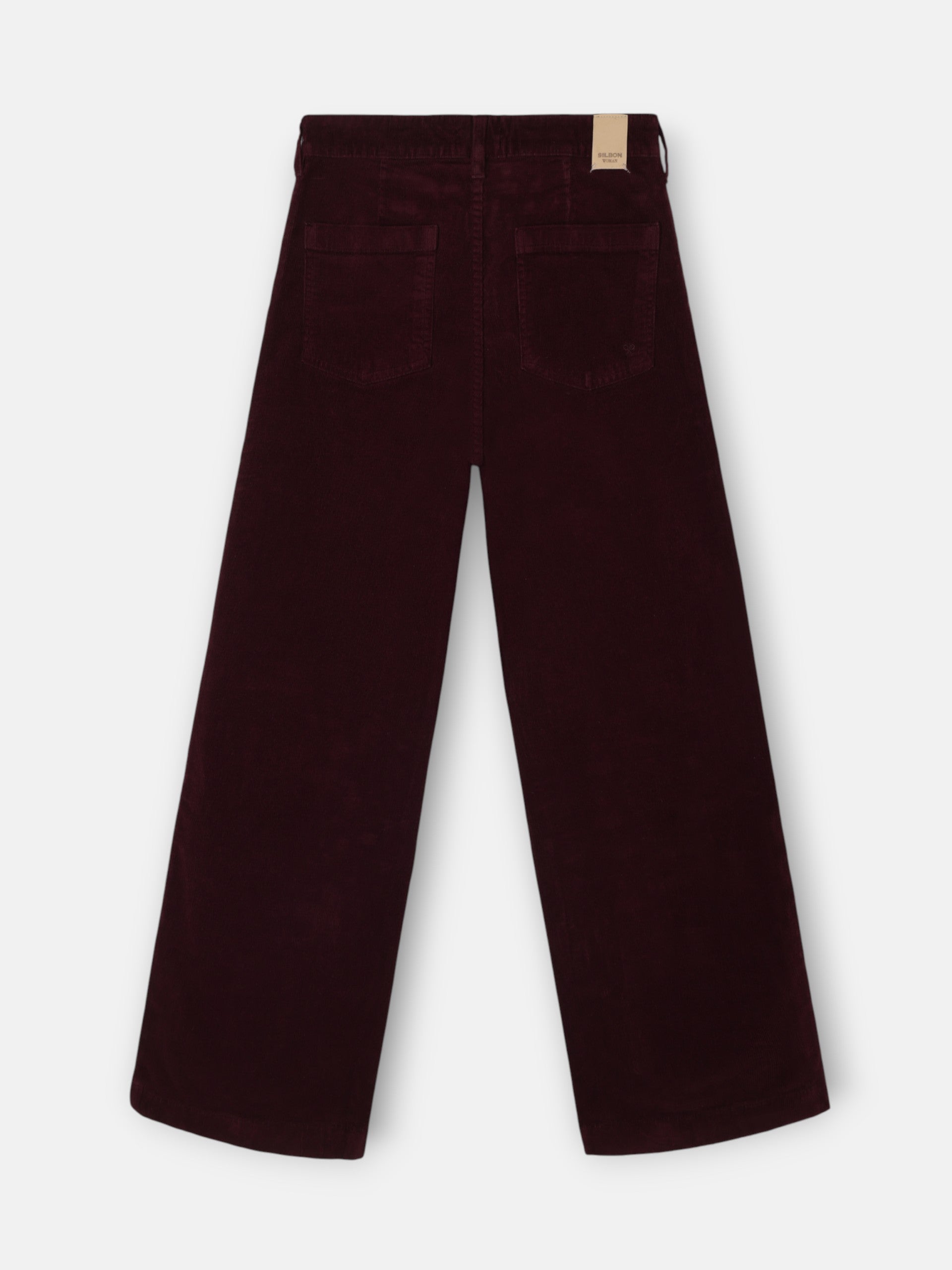 Calças de mulher de perna larga em bombazina bordô