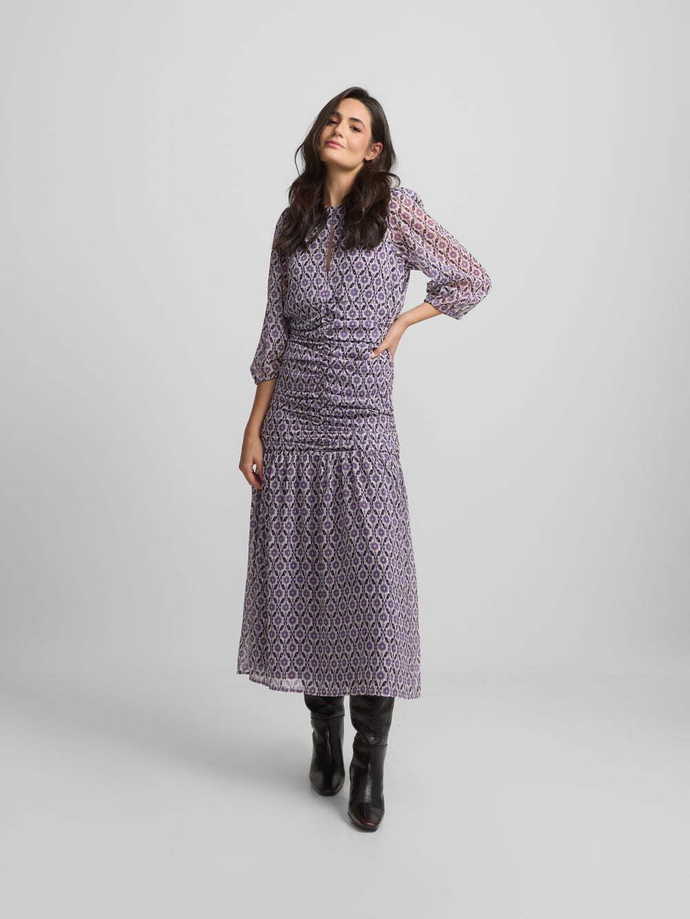 Vestido manga francesa estampado malva