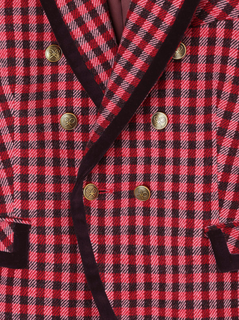 Double-breasted blazer with velvet trim, pink gingham check