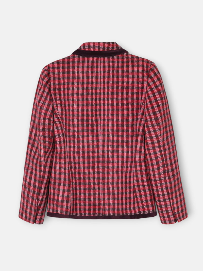Double-breasted blazer with velvet trim, pink gingham check