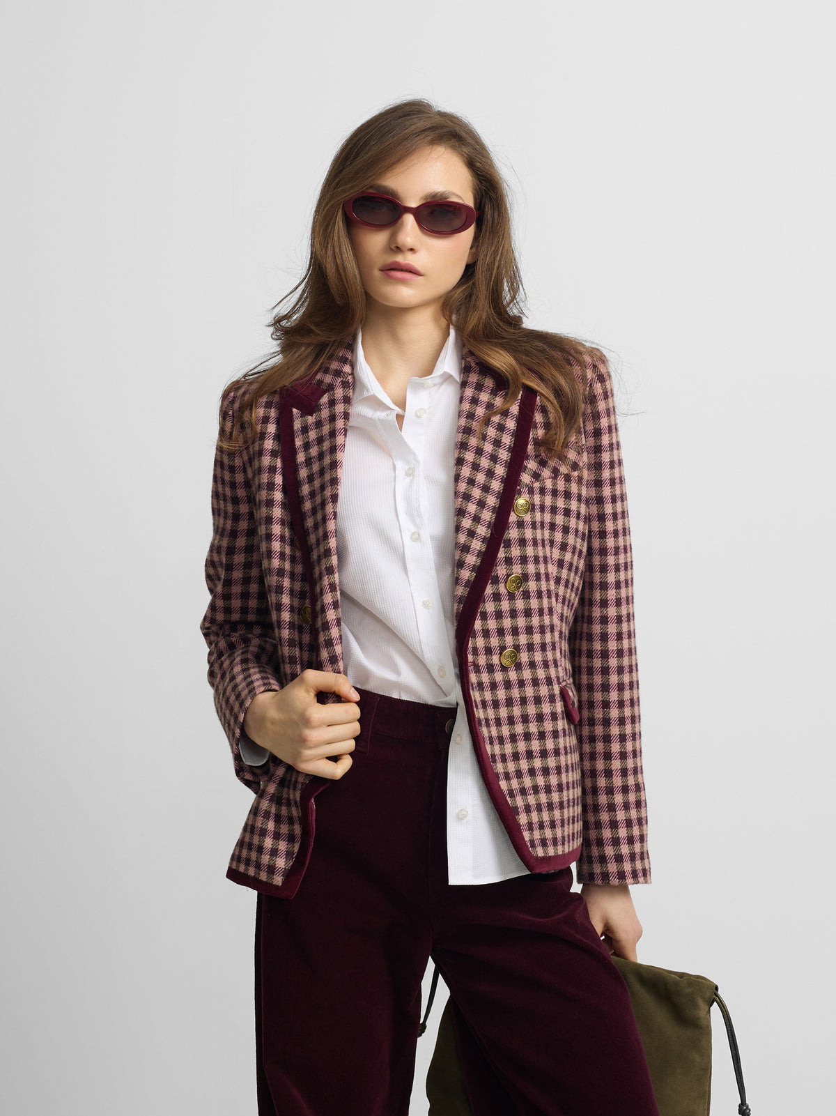 Veste croisée à revers en velours, carreaux vichy rose clair