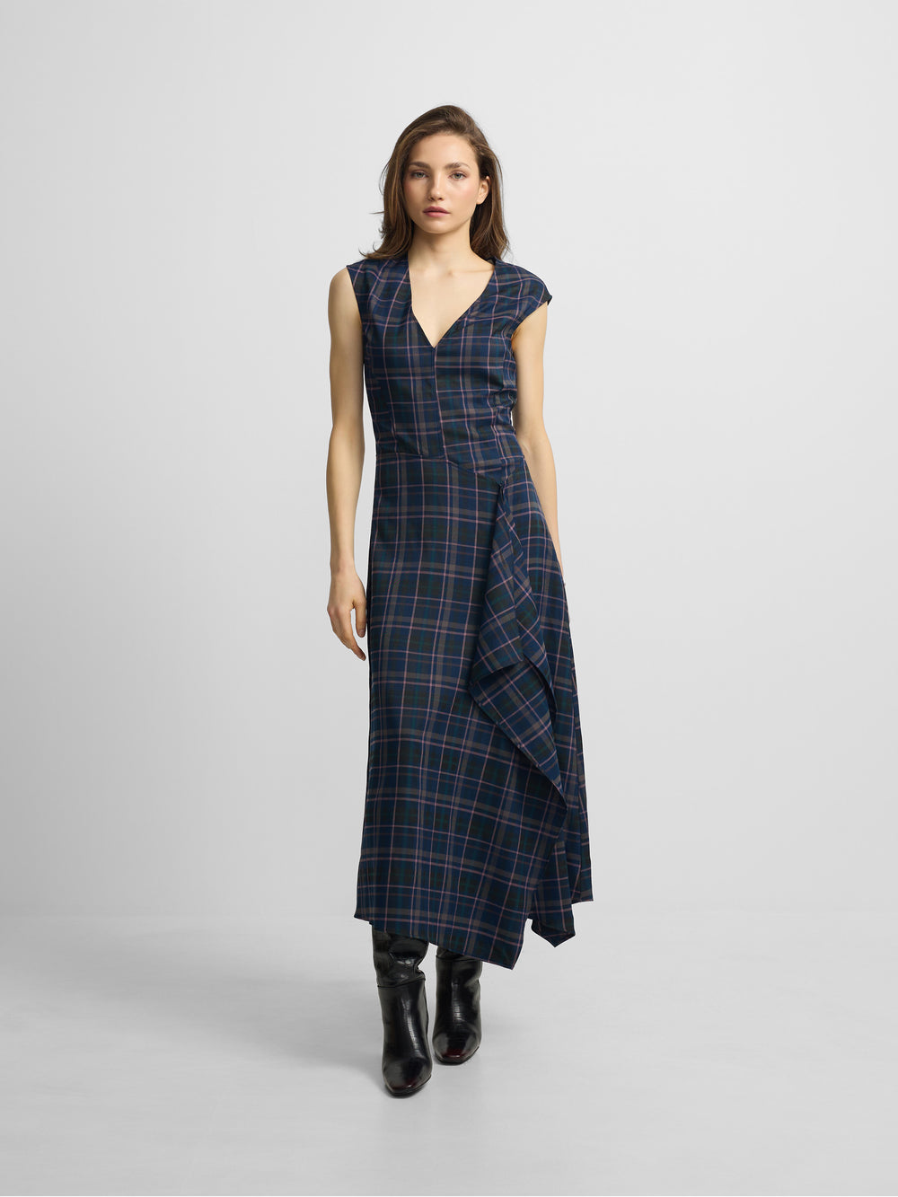 Vestido midi cuadros grises y rosas