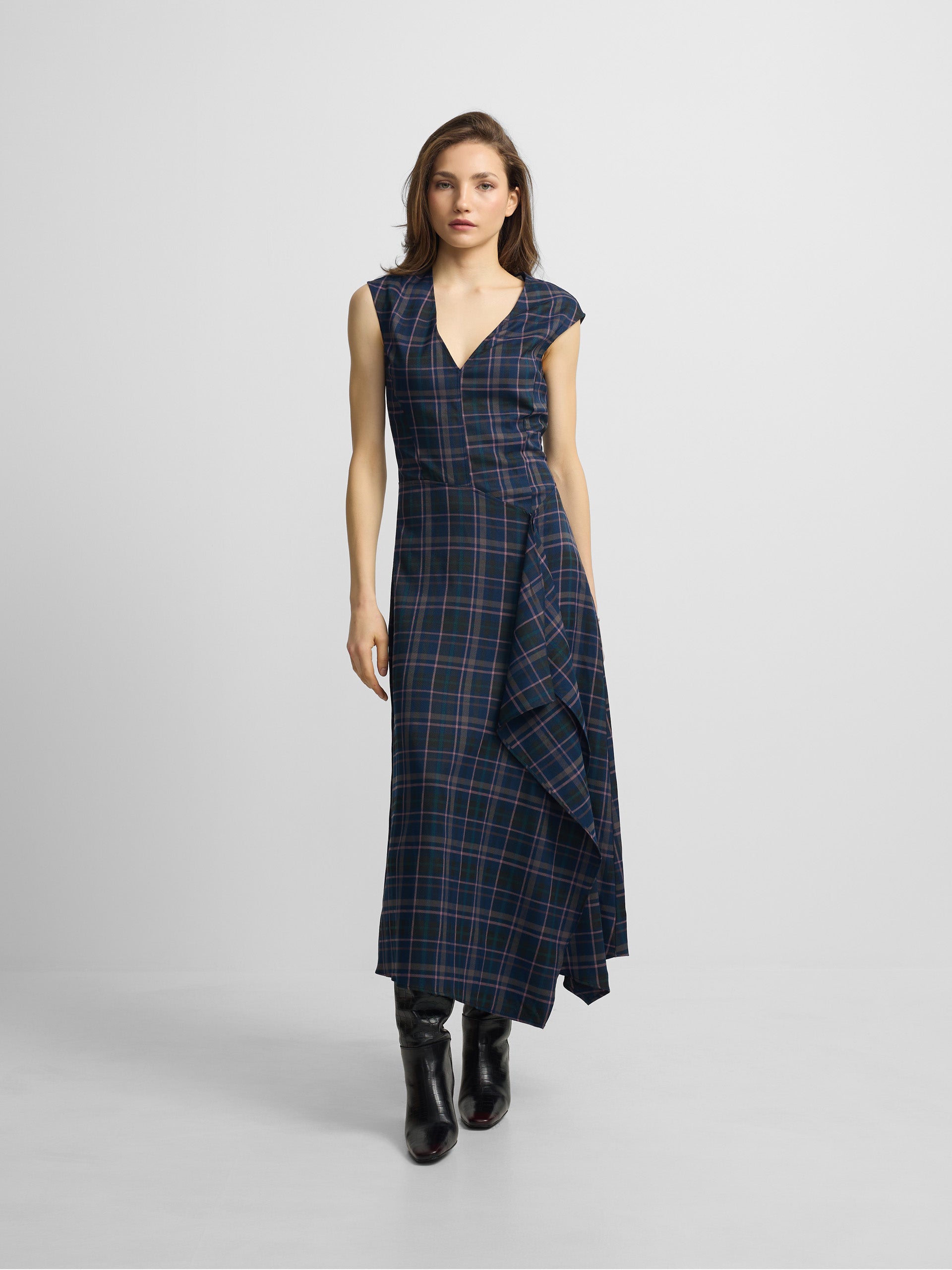 grey and pink plaid midi dress