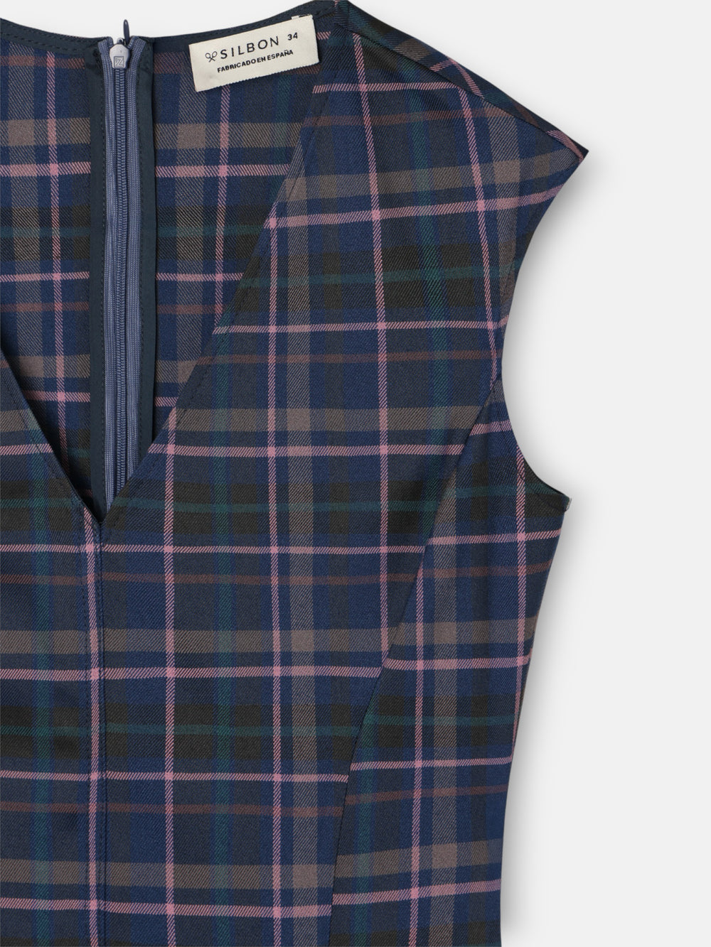 grey and pink plaid midi dress