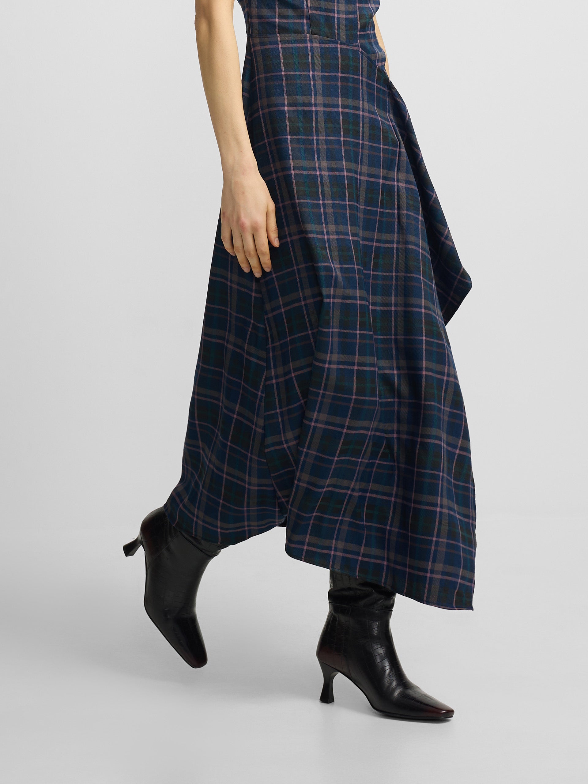 grey and pink plaid midi dress