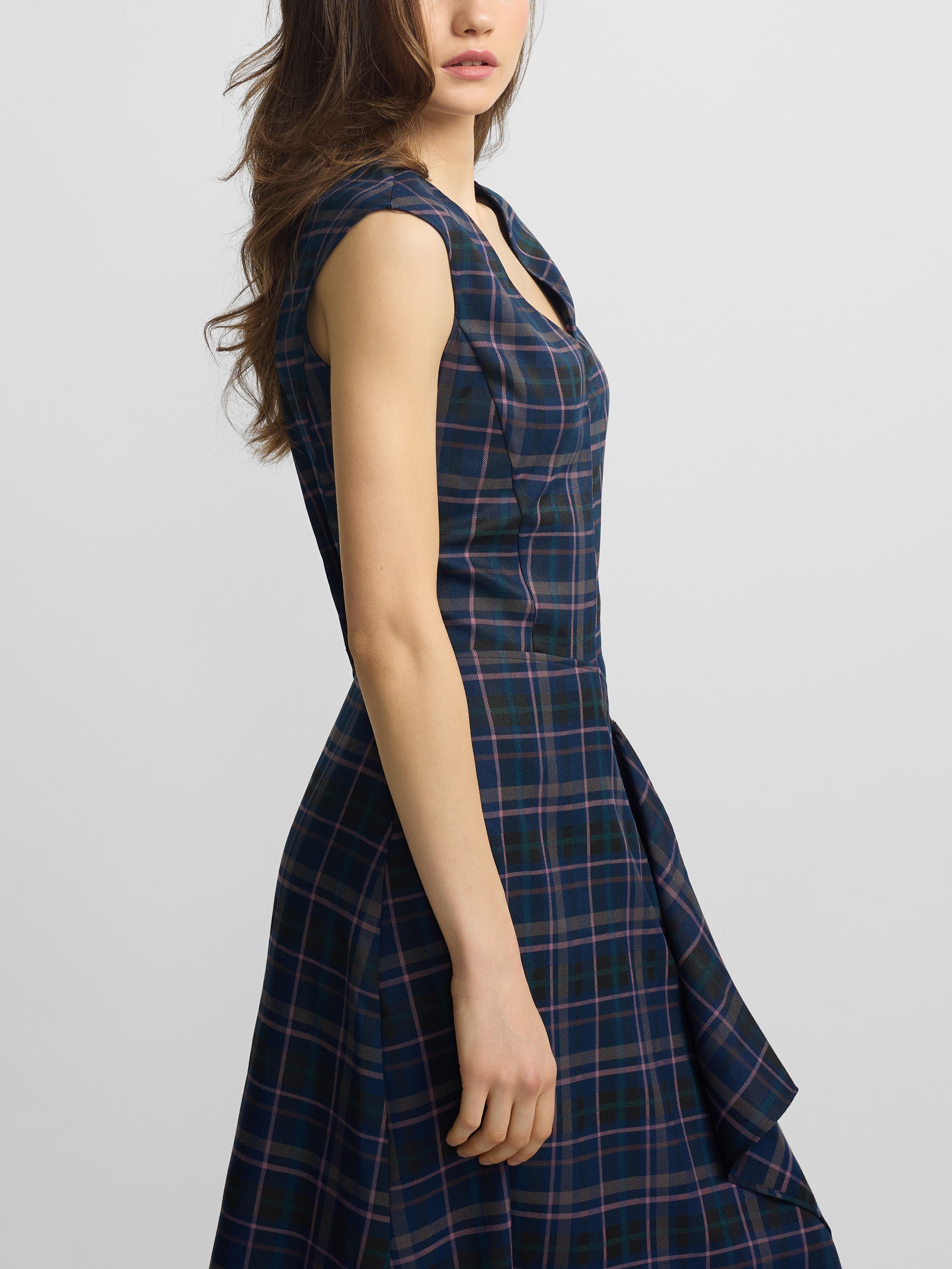 grey and pink plaid midi dress