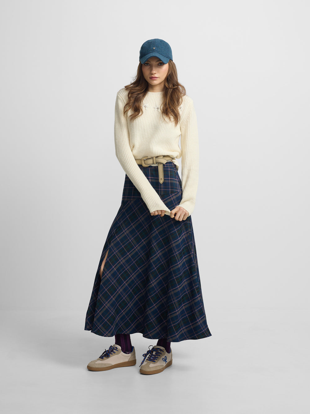 Falda midi cuadros grises y rosas