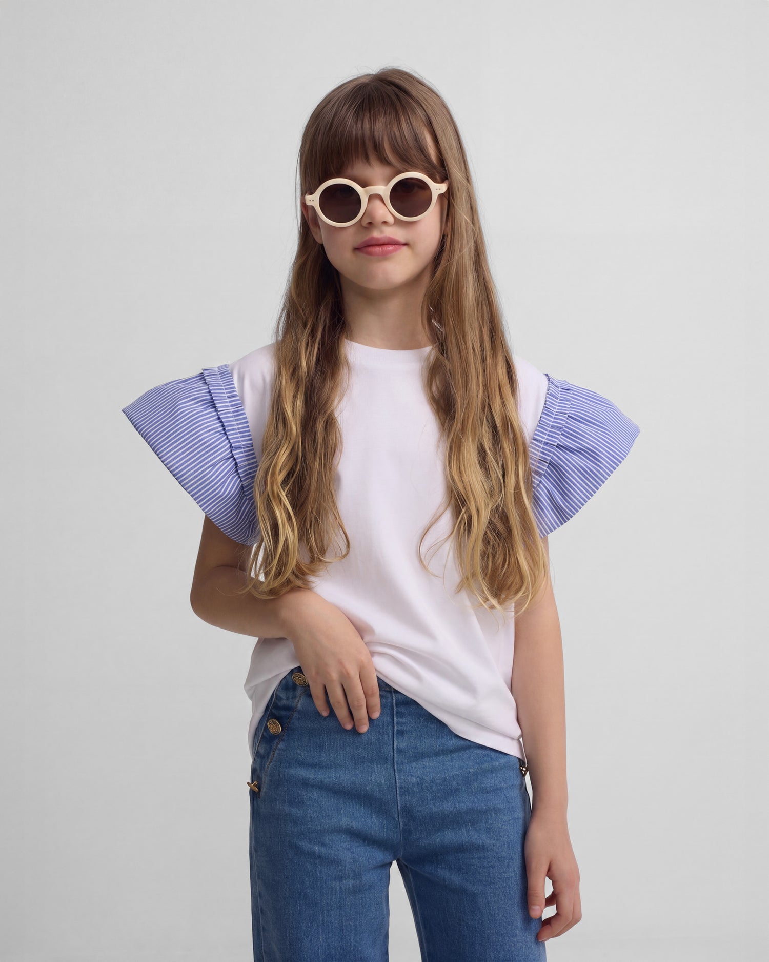 Girl's white striped poplin ruffle t-shirt
