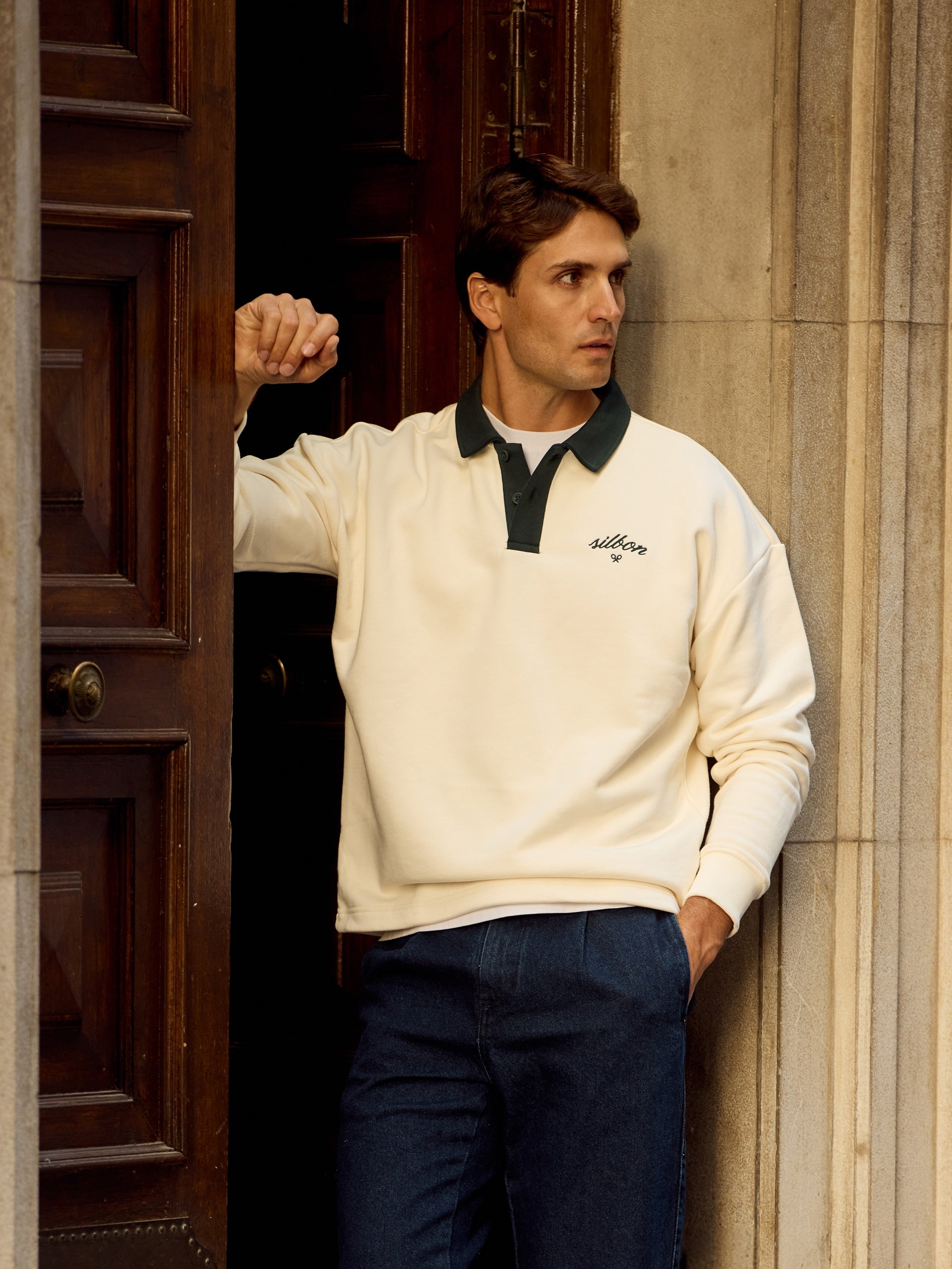 Silbon polo neck sweatshirt with contrasting cream