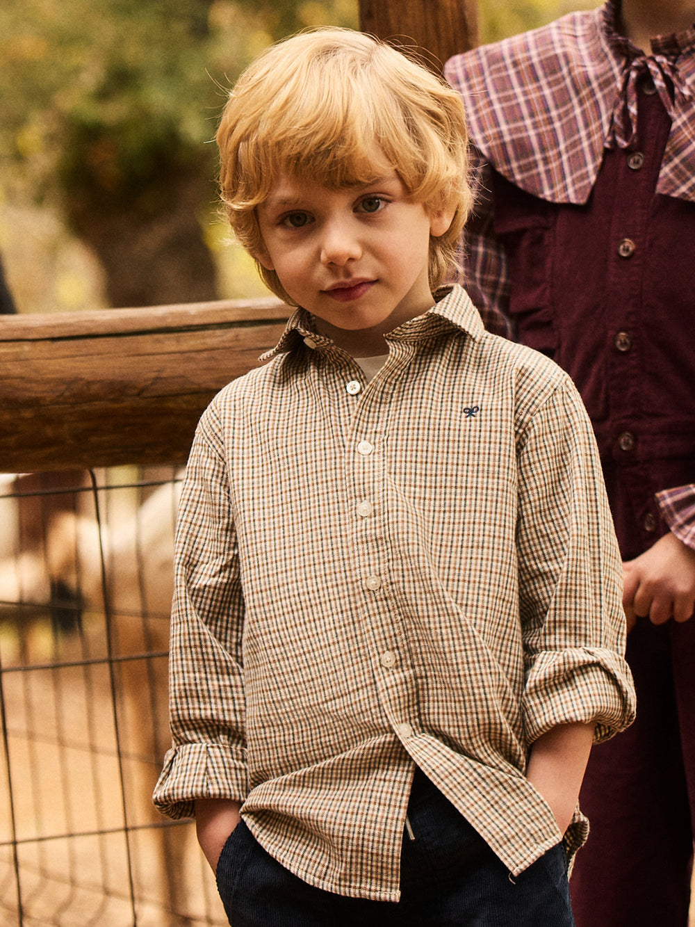 Warm kids sport shirt two-tone checkered mustard green