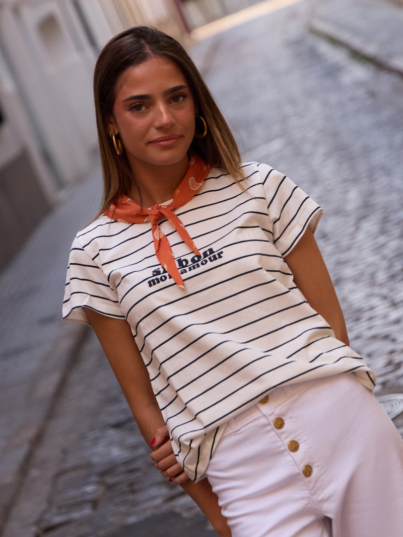 T-shirt mulher com aplique silbon bandana azul