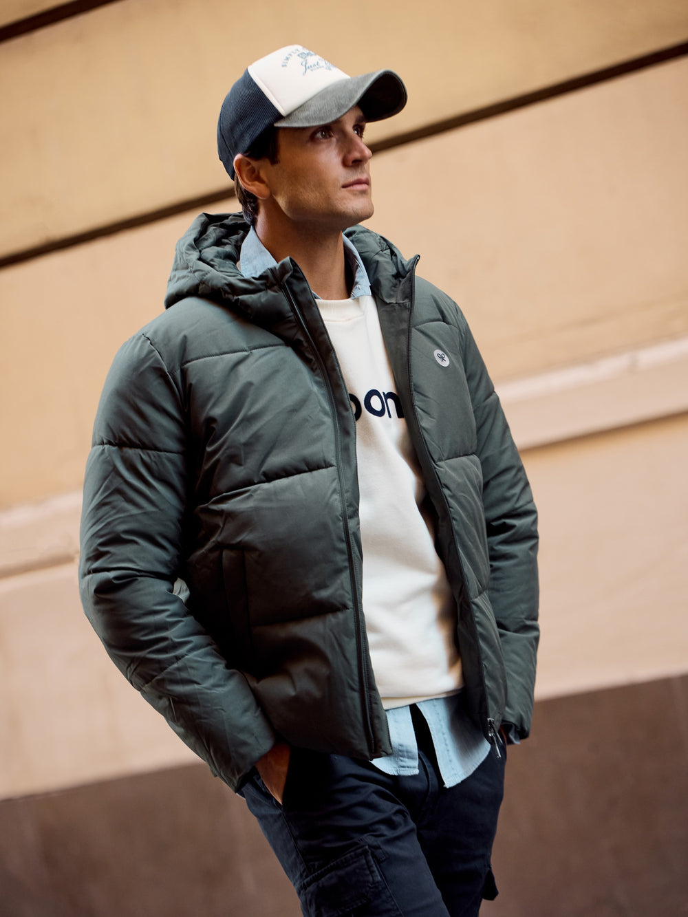 Warm green technical hooded coat