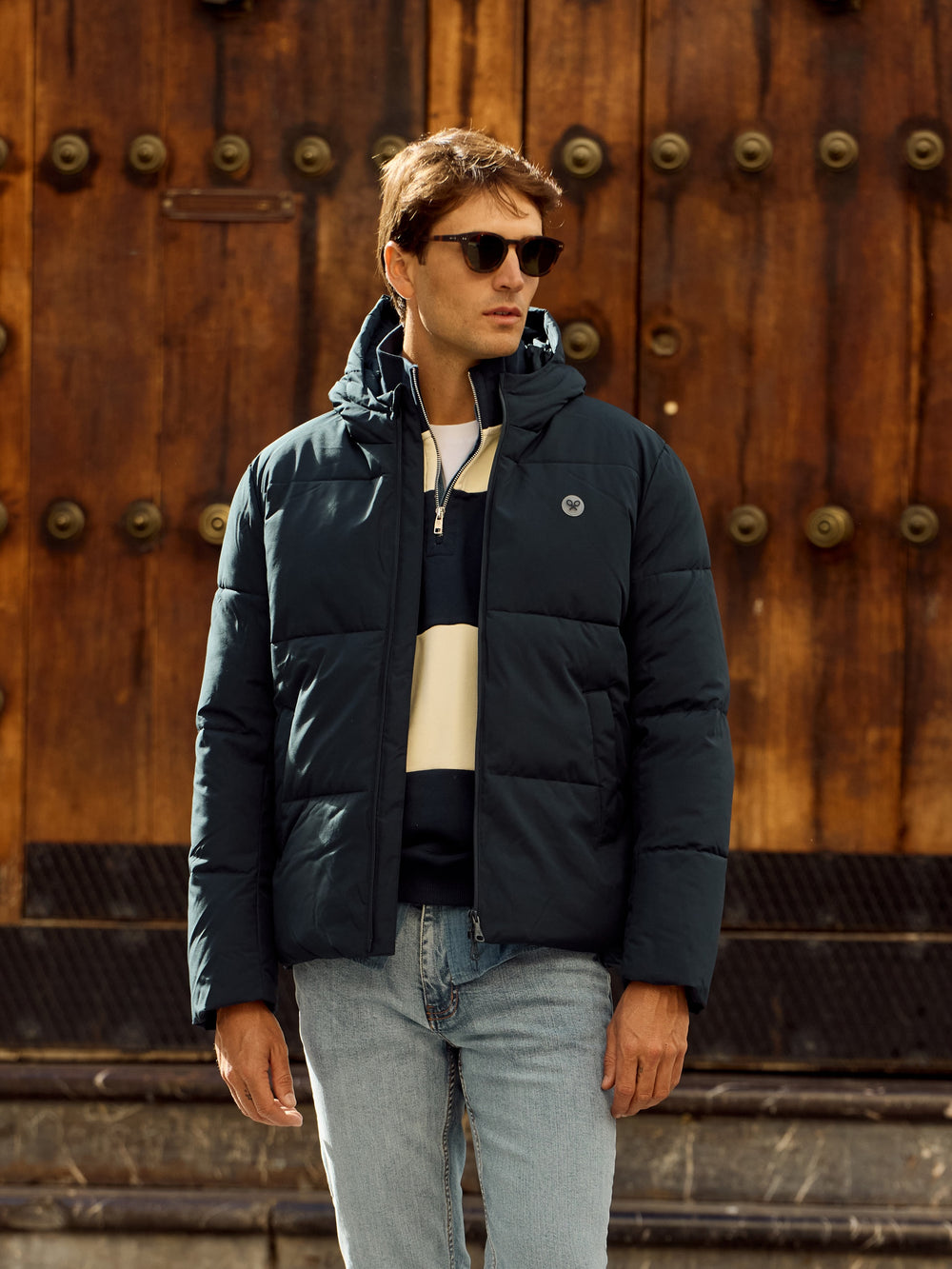 Warm navy technical hooded coat