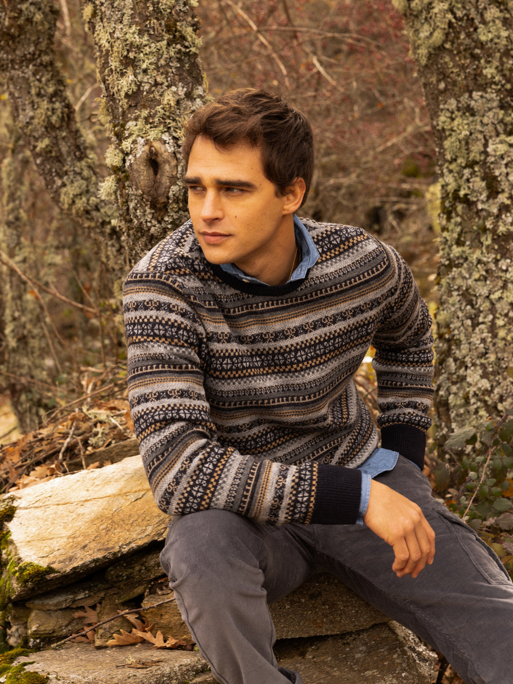 jersey jacquard ethnique bleu