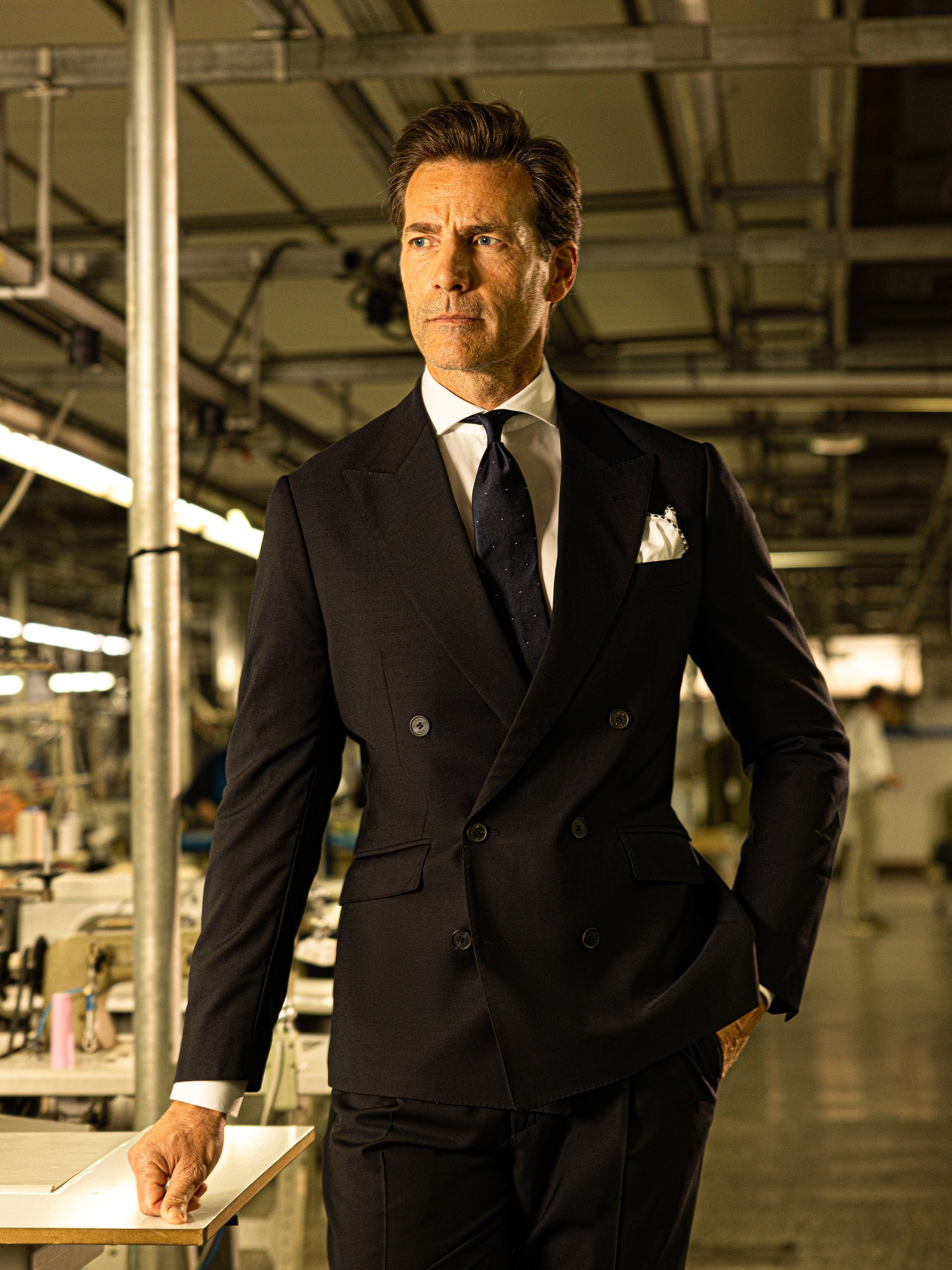 Navy stretch double-breasted suit jacket