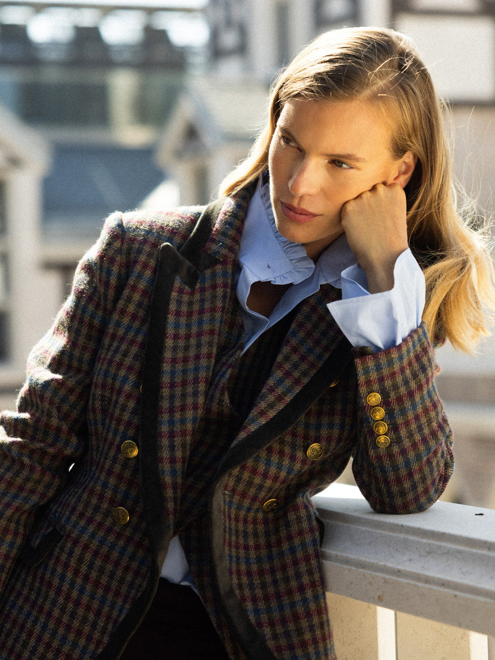 Blazer cruzado clássico com padrão de quadrados verdes