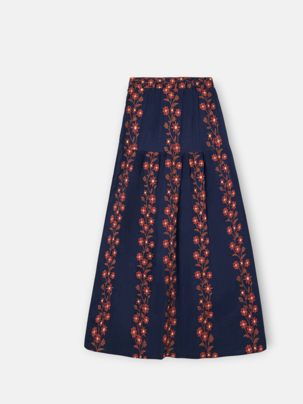 Falda larga flores bordadas azul
