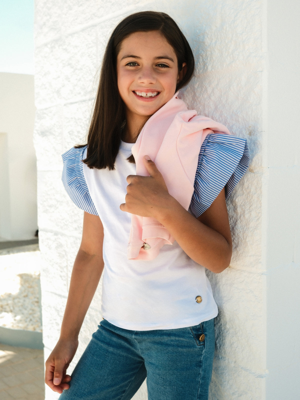 Camisola menina folhos popelina riscas branca