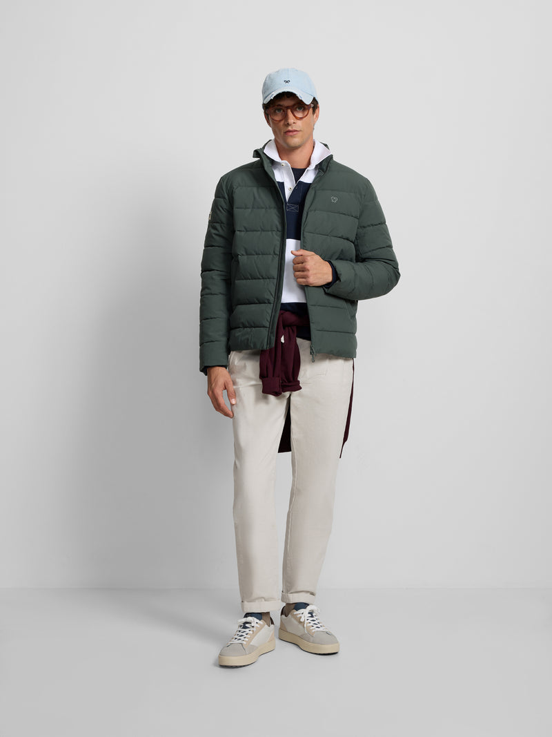 Green quilted technical coat