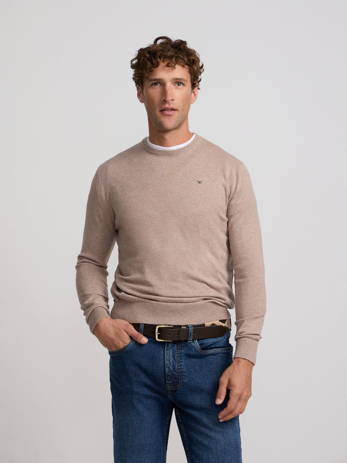 Pull col rond beige clair