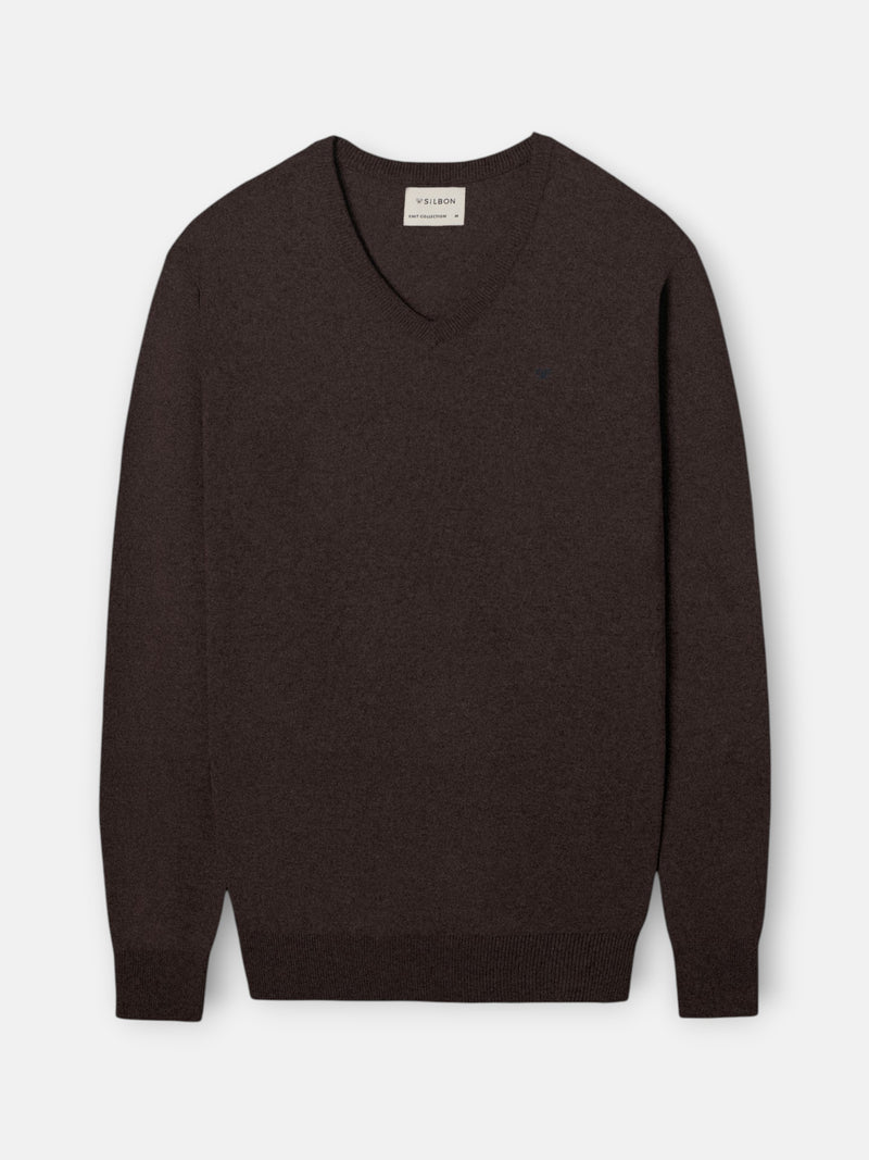 Pull col en V marron