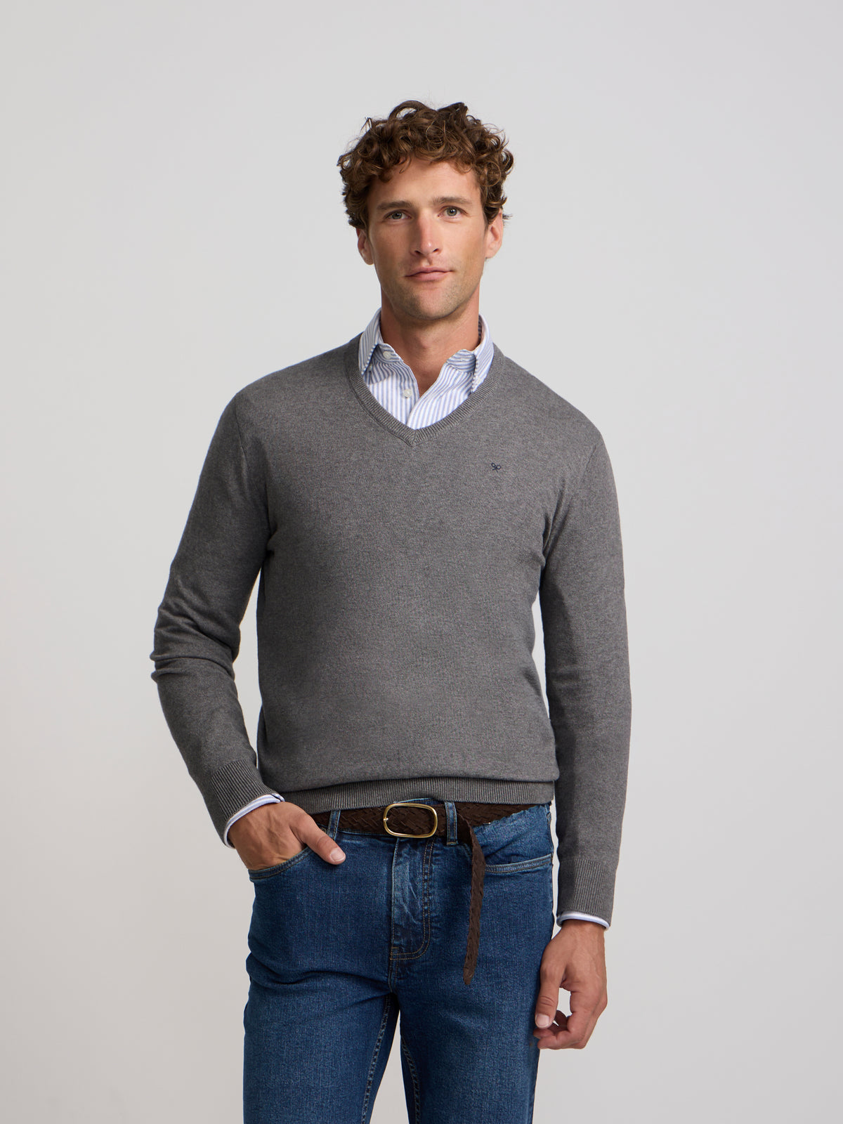 Pull col en V gris