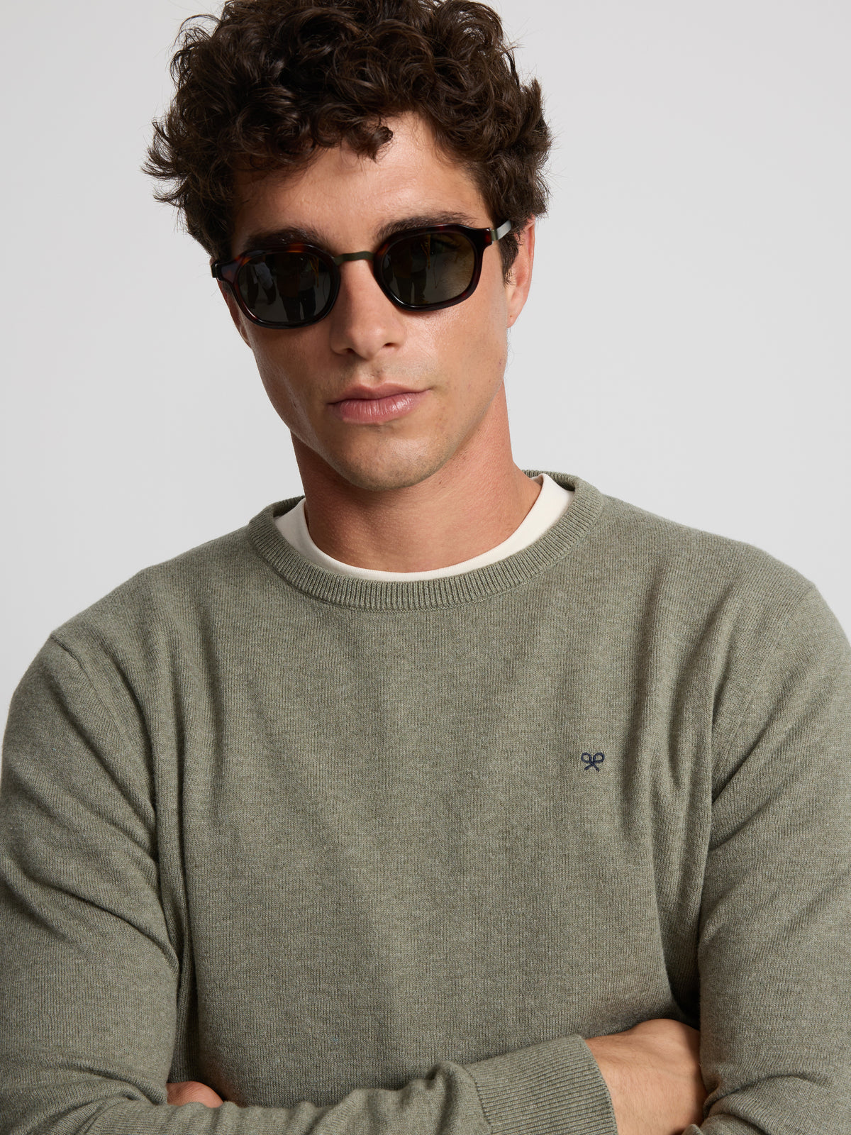 Pull col rond vert gris
