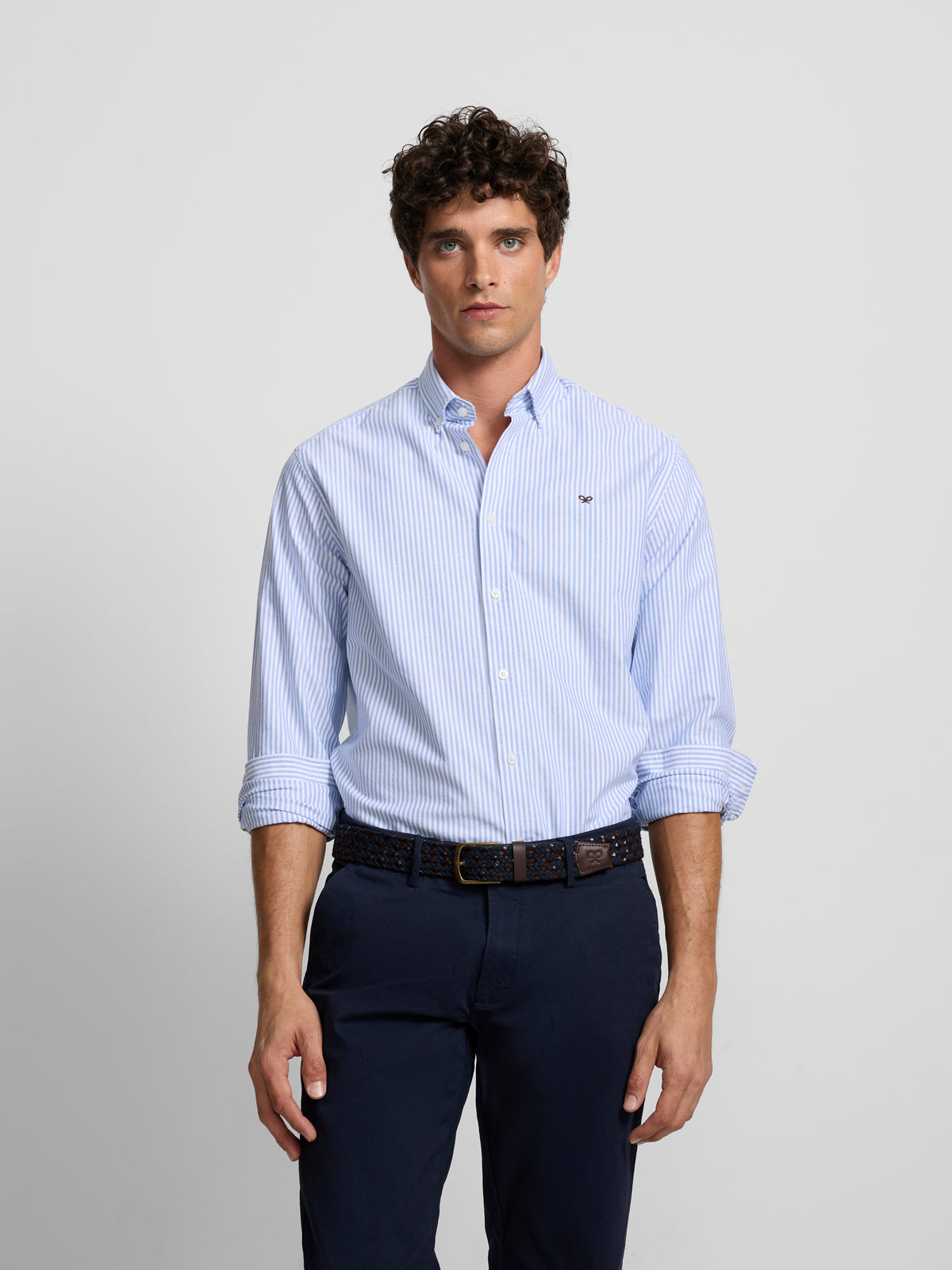 Camisa sport oxford risca média azul