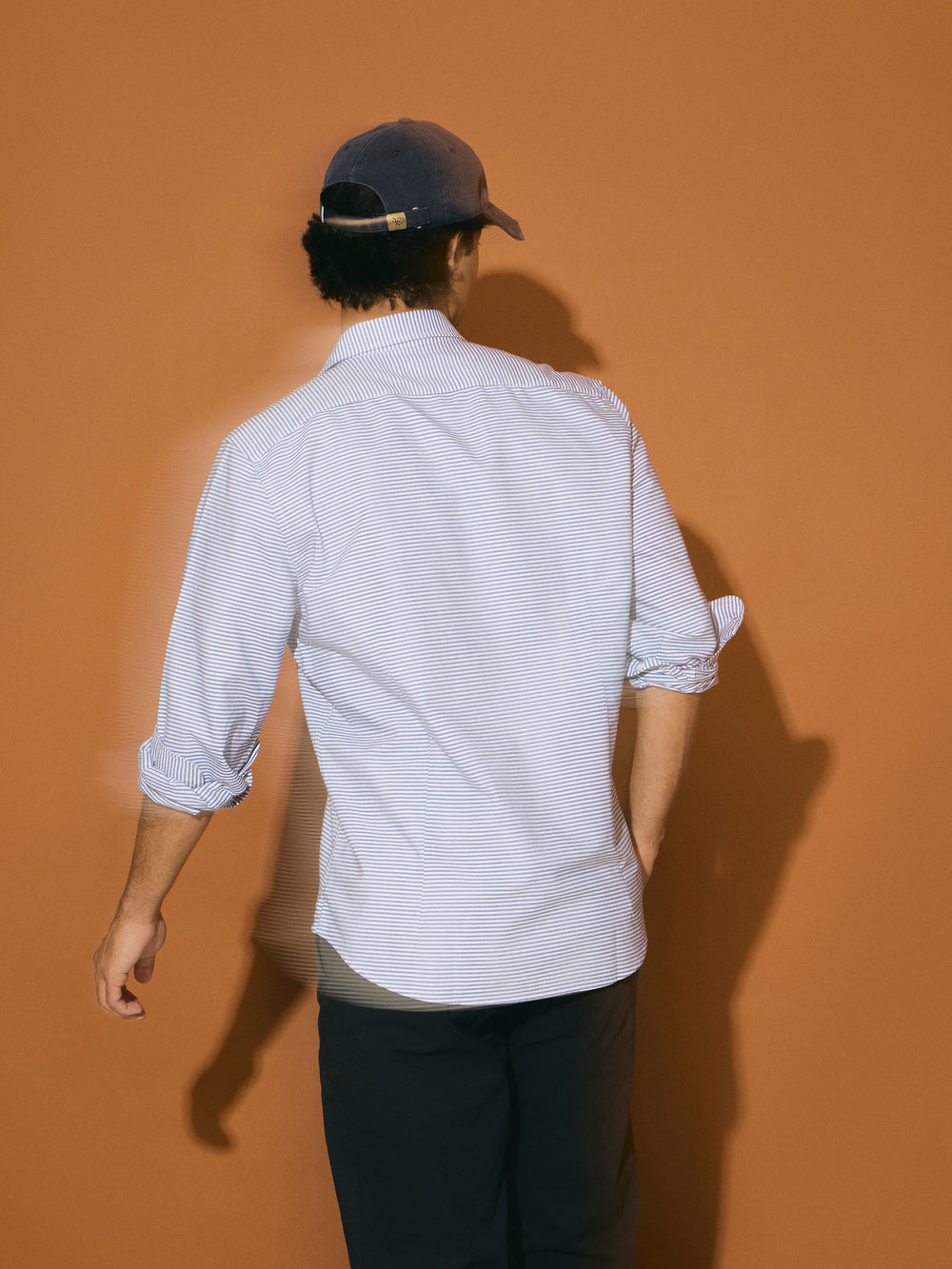 Navy horizontal striped oxford sport shirt