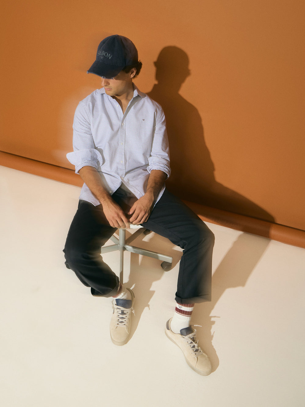 Navy horizontal striped oxford sport shirt