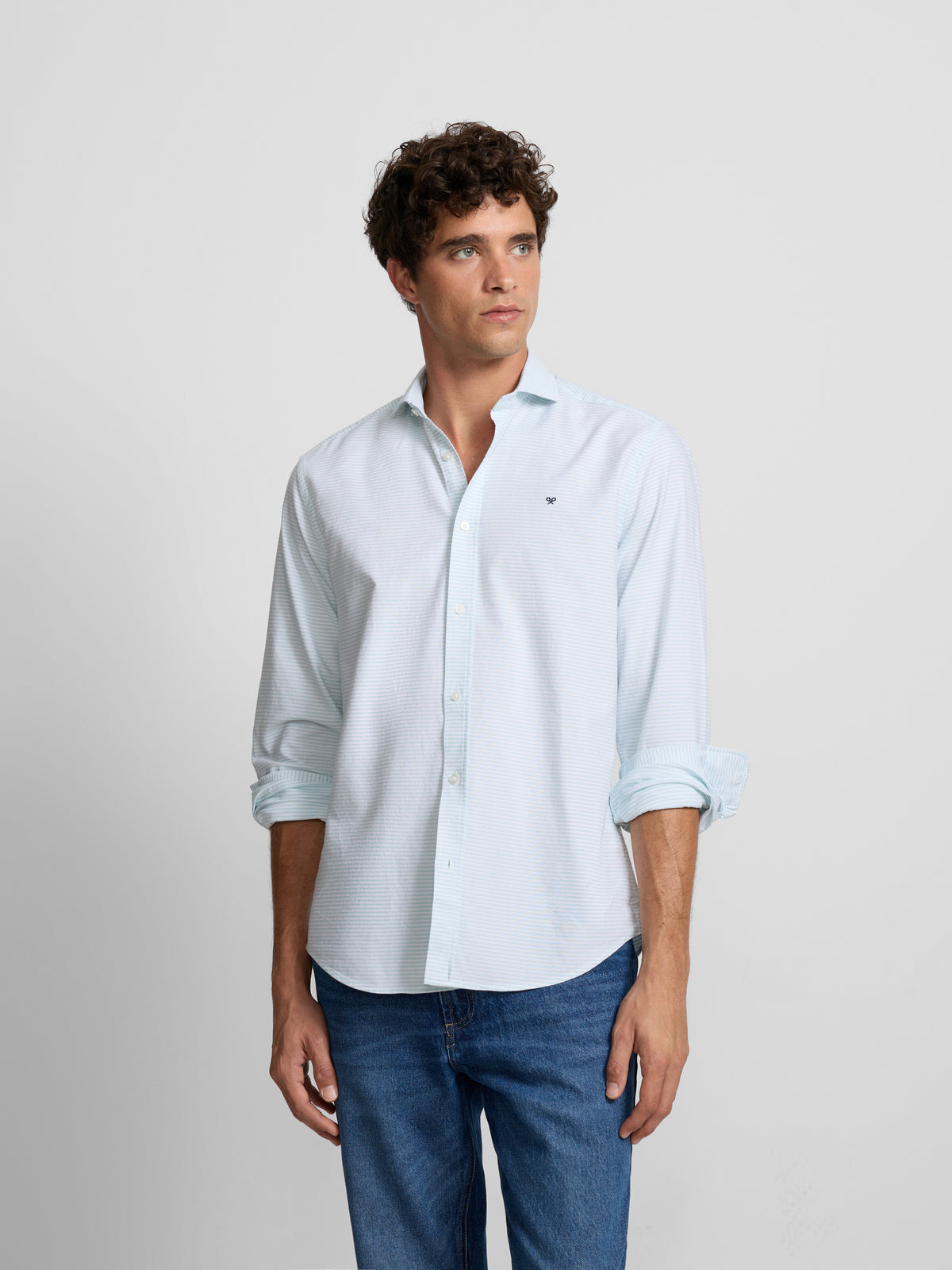 Green horizontal striped oxford sport shirt