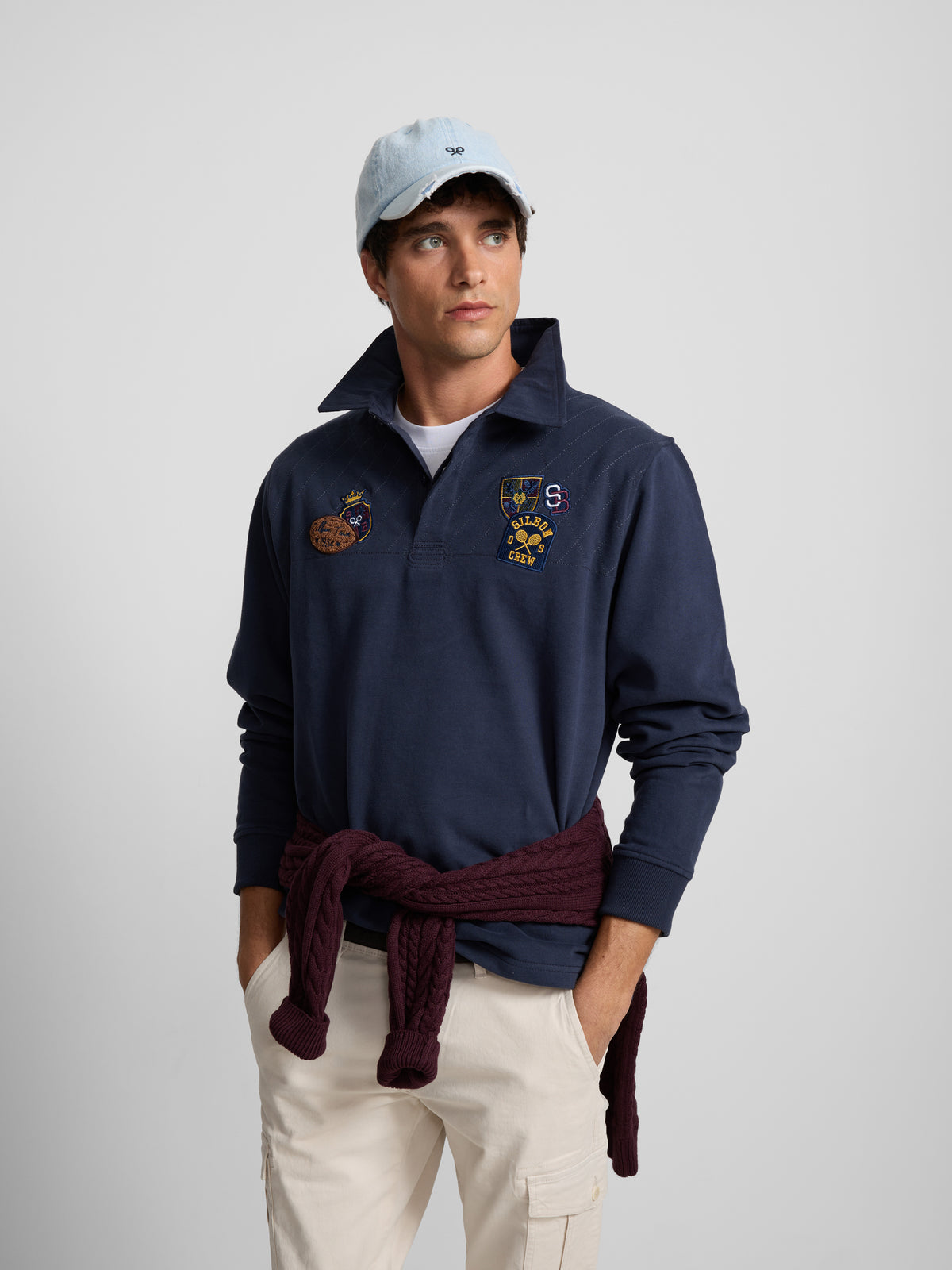 Polo à manches longues avec patchs bleu marine
