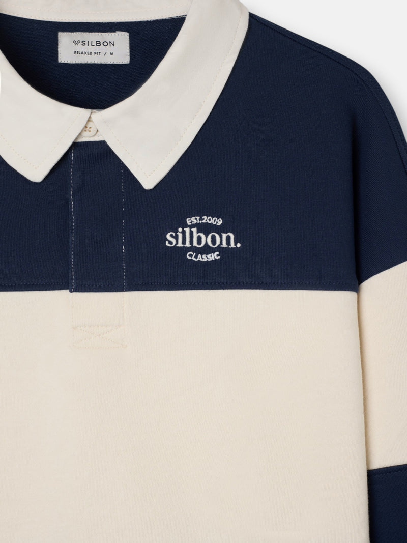 Relaxed fit sweatshirt with polo collar, navy blue block