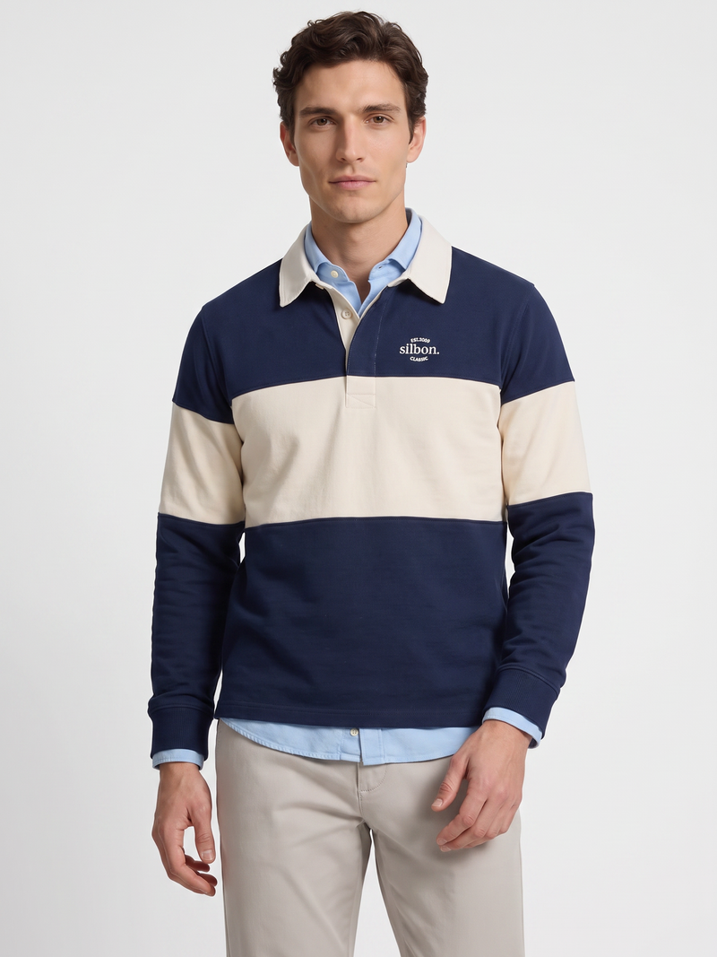 Relaxed fit sweatshirt with polo collar, navy blue block