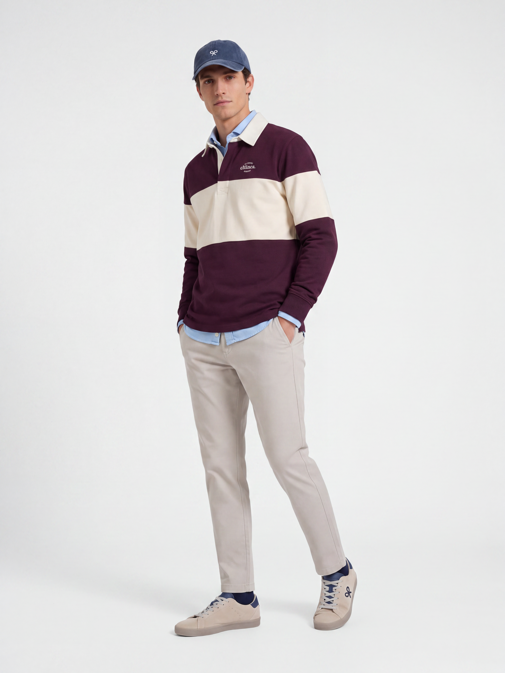 Sudadera relaxed fit cuello polo bloque burdeos