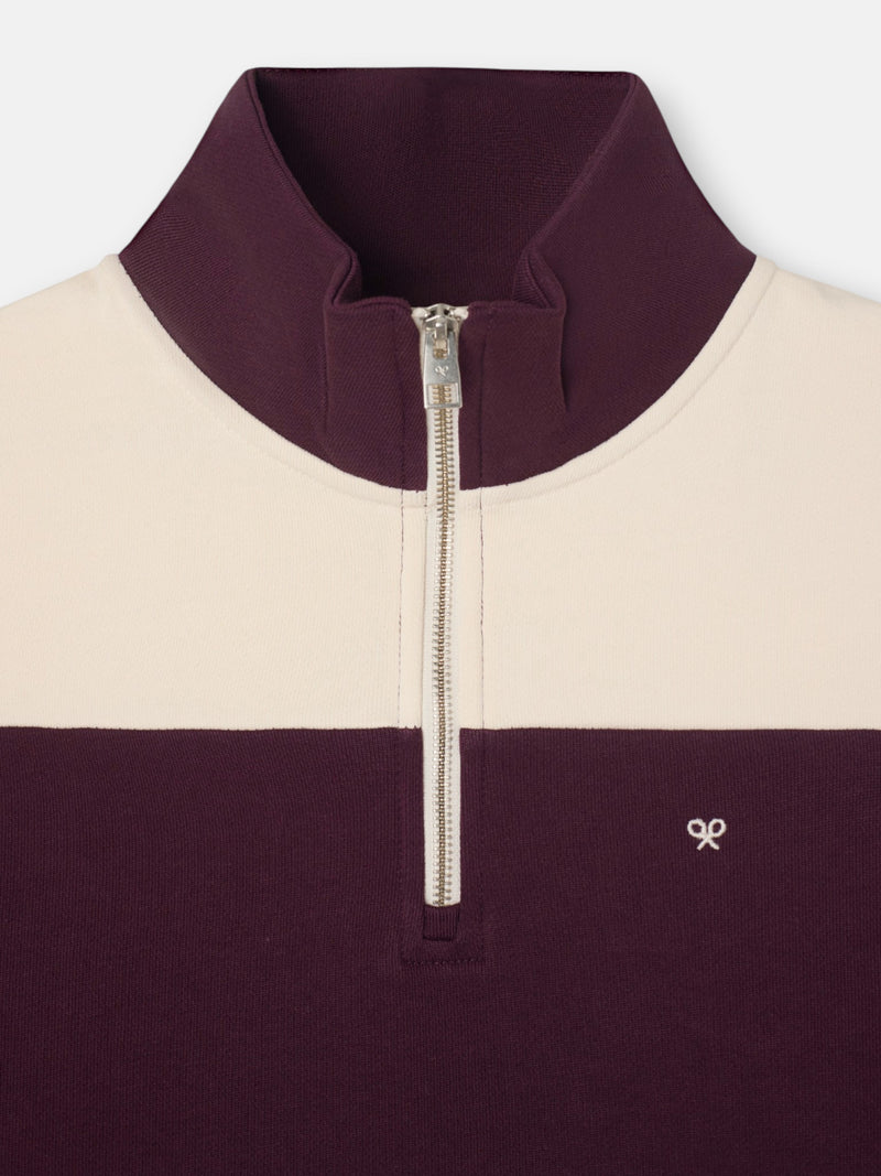 Sweat-shirt à demi-fermeture éclair à rayure large bordeaux