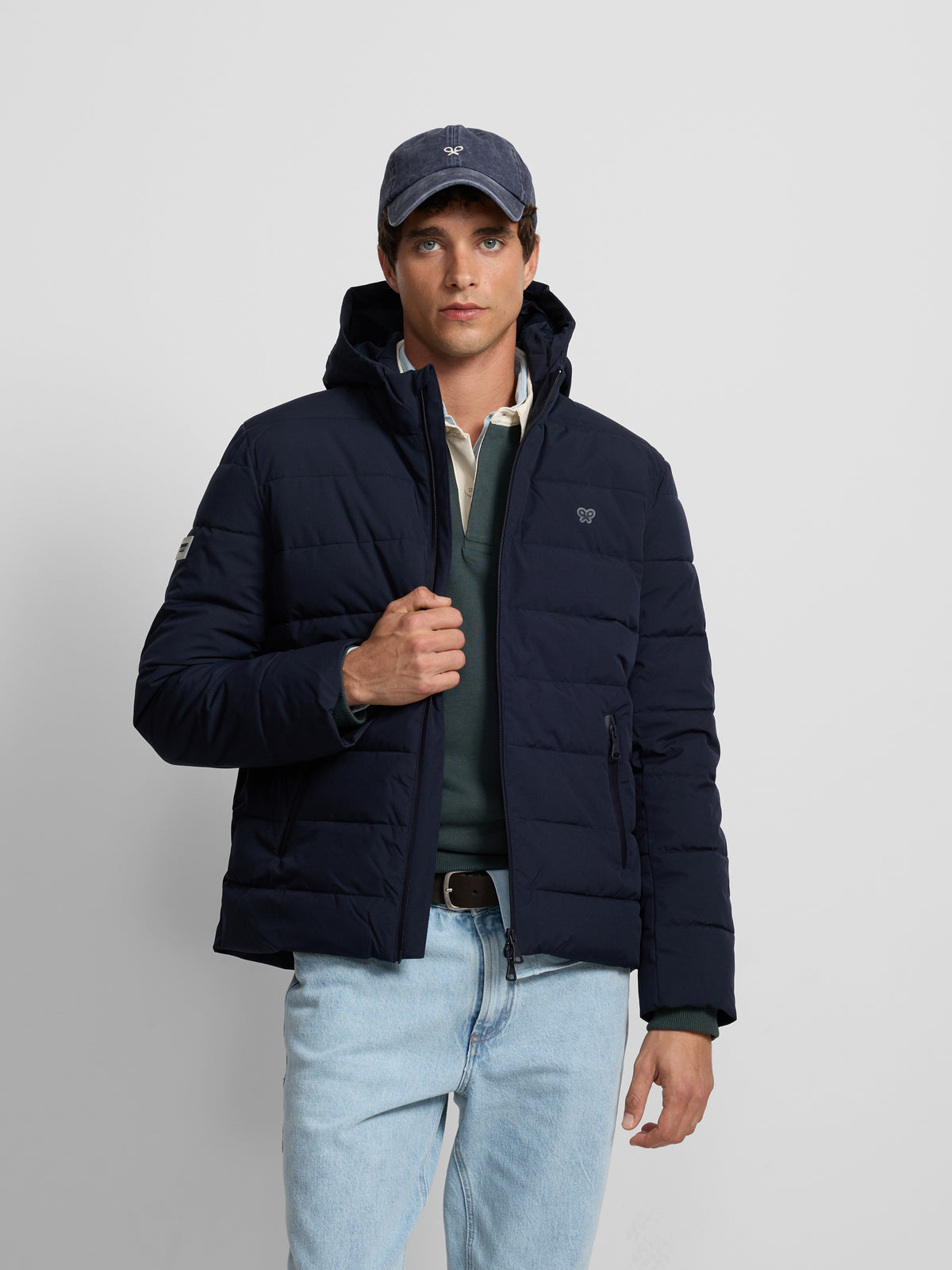 Long padded coat with navy blue hood