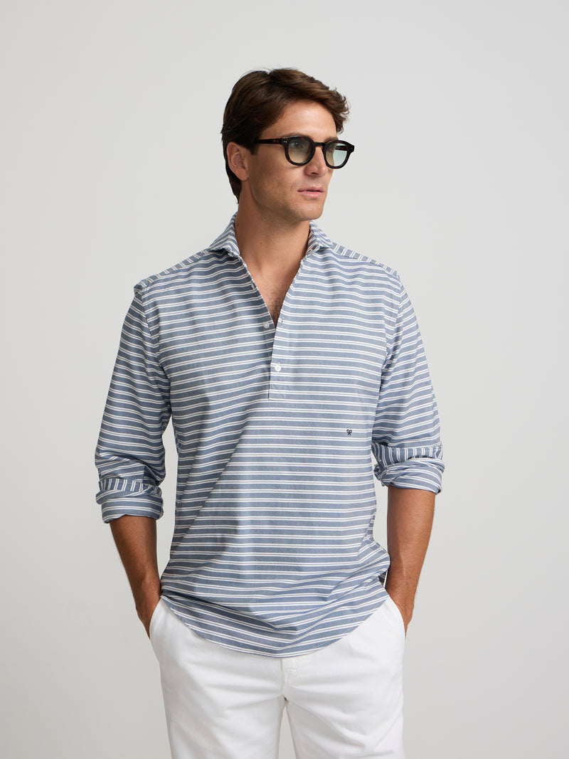Oxford polo shirt with horizontal navy stripes