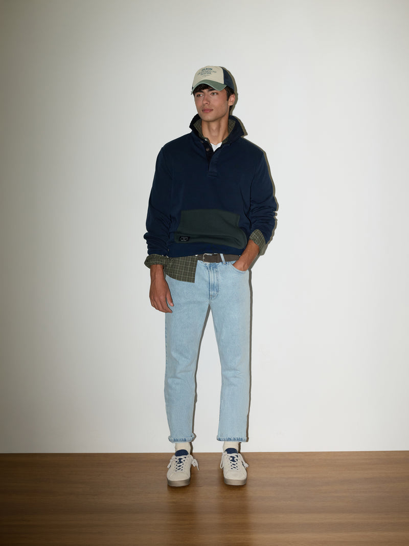 Two-tone navy blue kangaroo fleece