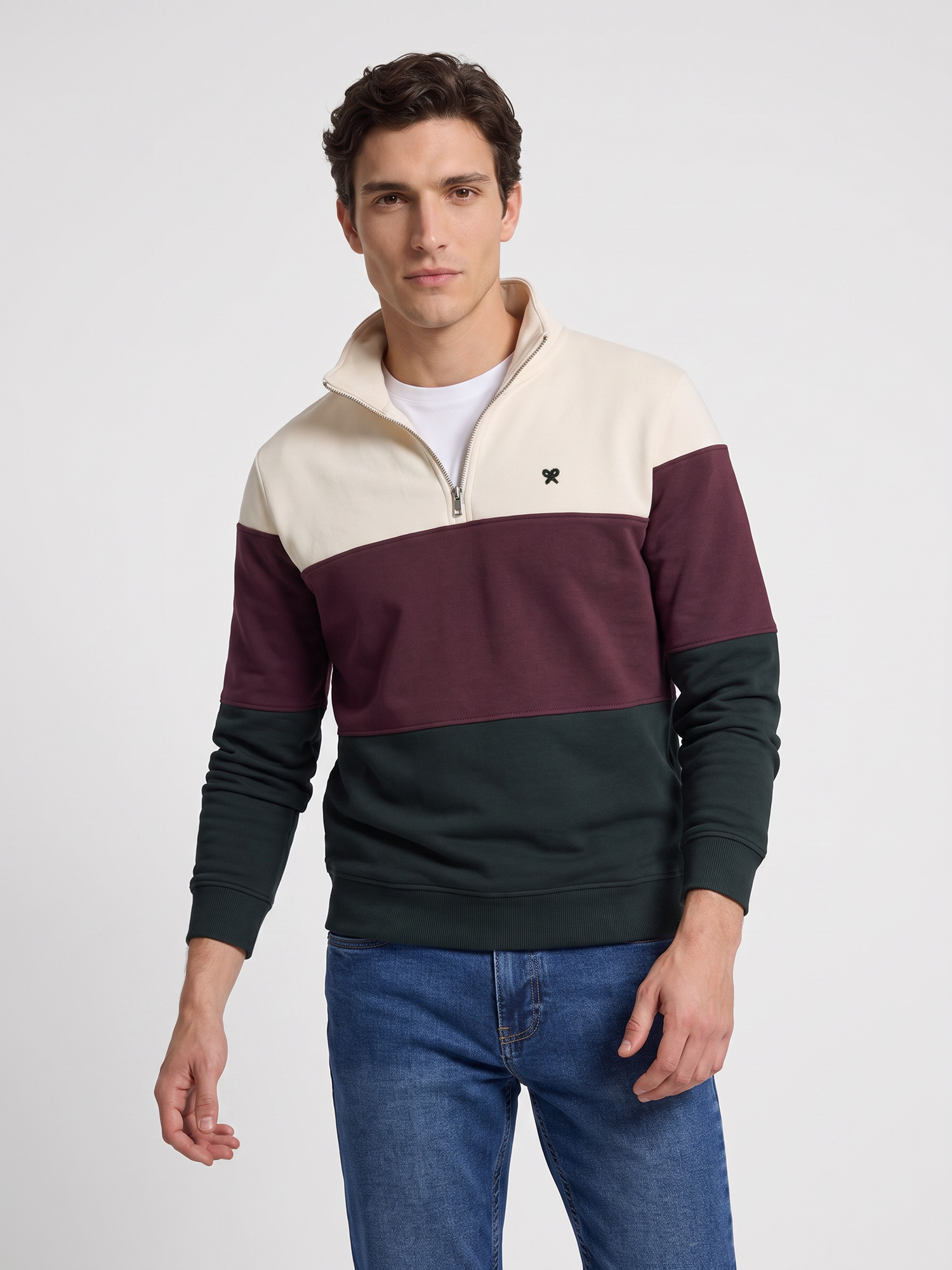 Half-zip green color block sweatshirt