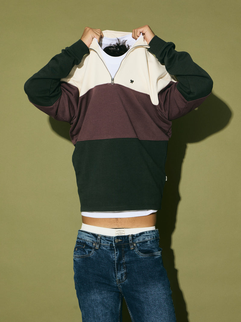 Half-zip green color block sweatshirt