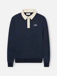 Navy blue sweatshirt with contrasting corduroy polo collar