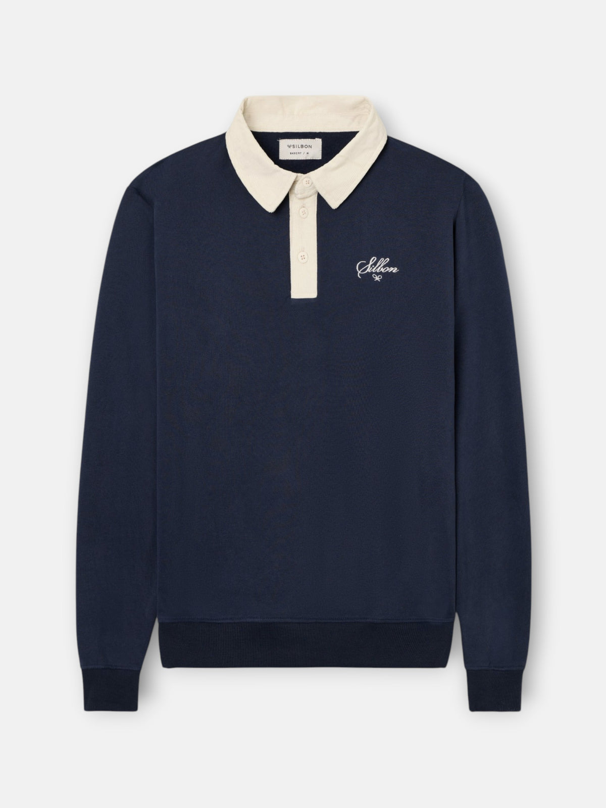 Navy blue sweatshirt with contrasting corduroy polo collar