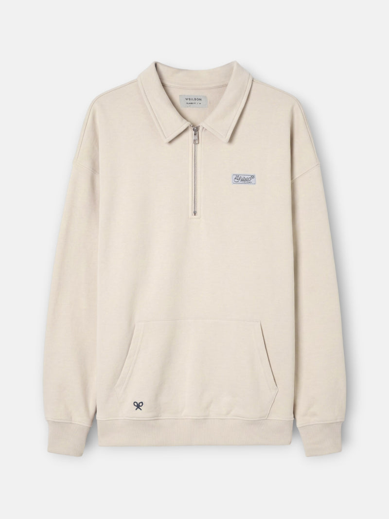 Sudadera relaxed fit media cremallera etiqueta crema