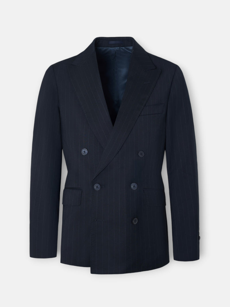 Navy blue pinstripe double-breasted suit jacket