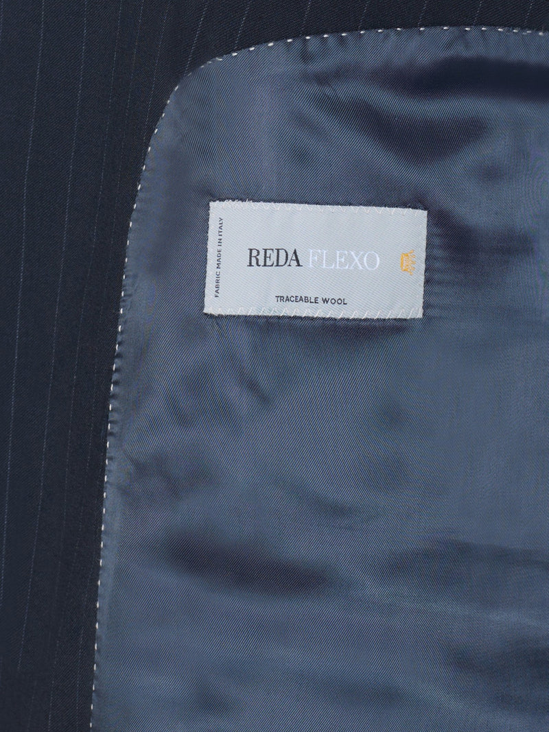 Navy blue pinstripe double-breasted suit jacket