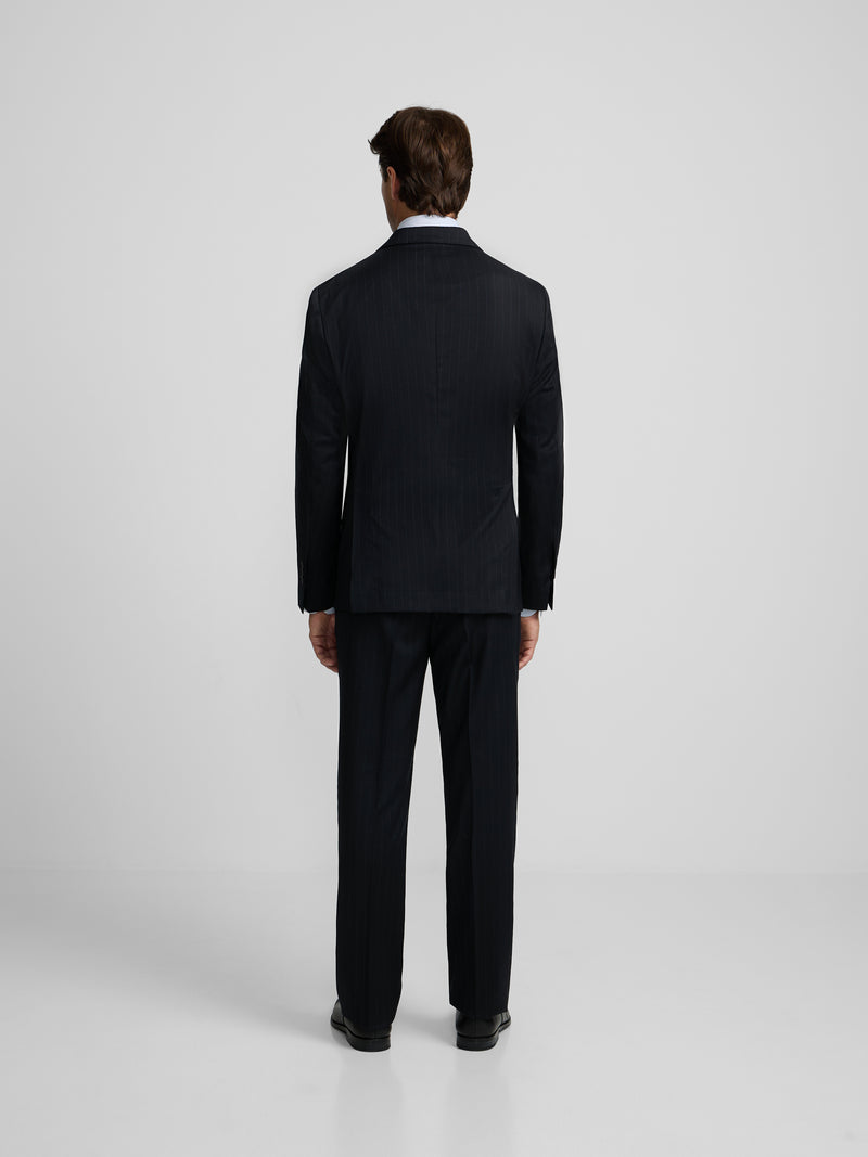 Navy blue pinstripe double-breasted suit jacket